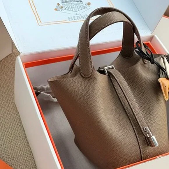 Luxury Picotin Style Leather Bucket Bag Etoupe PHW - Picture 2 of 9